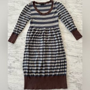 BCBGMaxazria Women's Striped Scoop Neck Long Sleeve Dress Gray Silk & cotton
